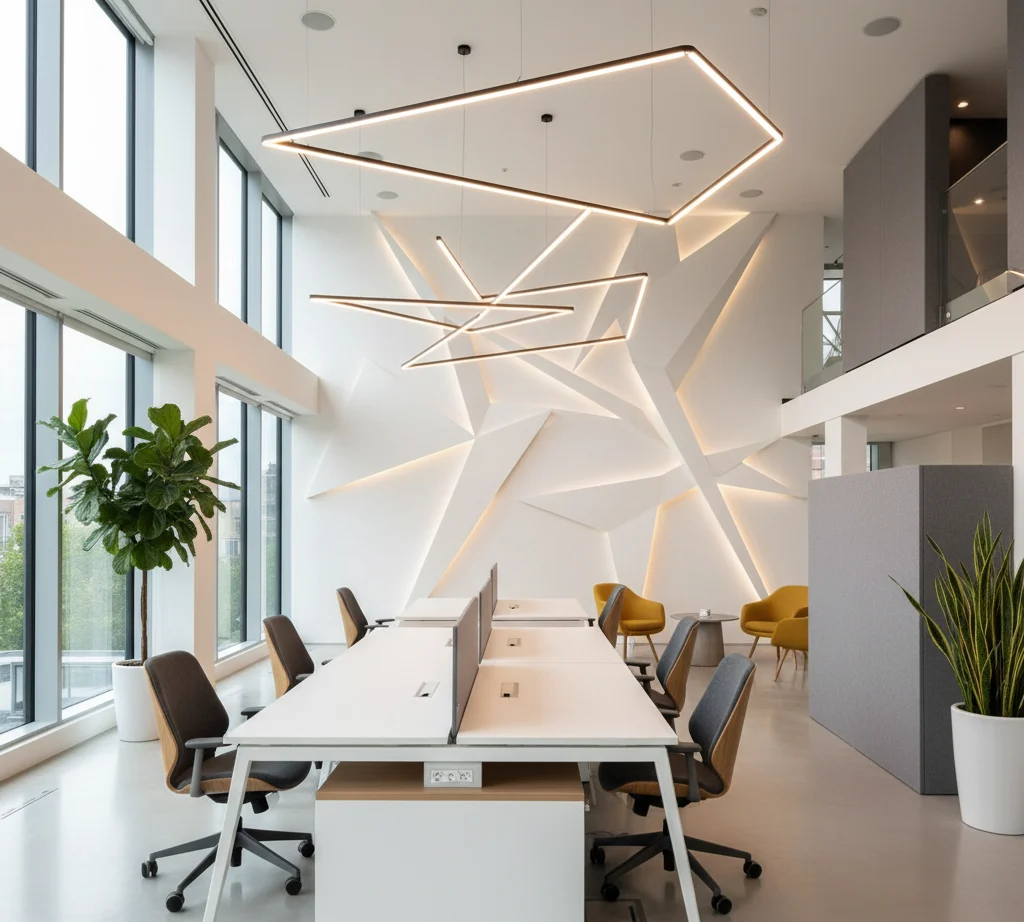Open space lumineux avec mur sculpté géométrique et luminaires suspendus