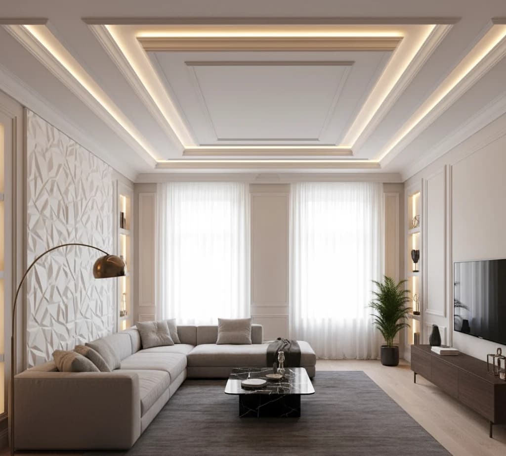 Faux plafond à gorges LED dans un séjour
