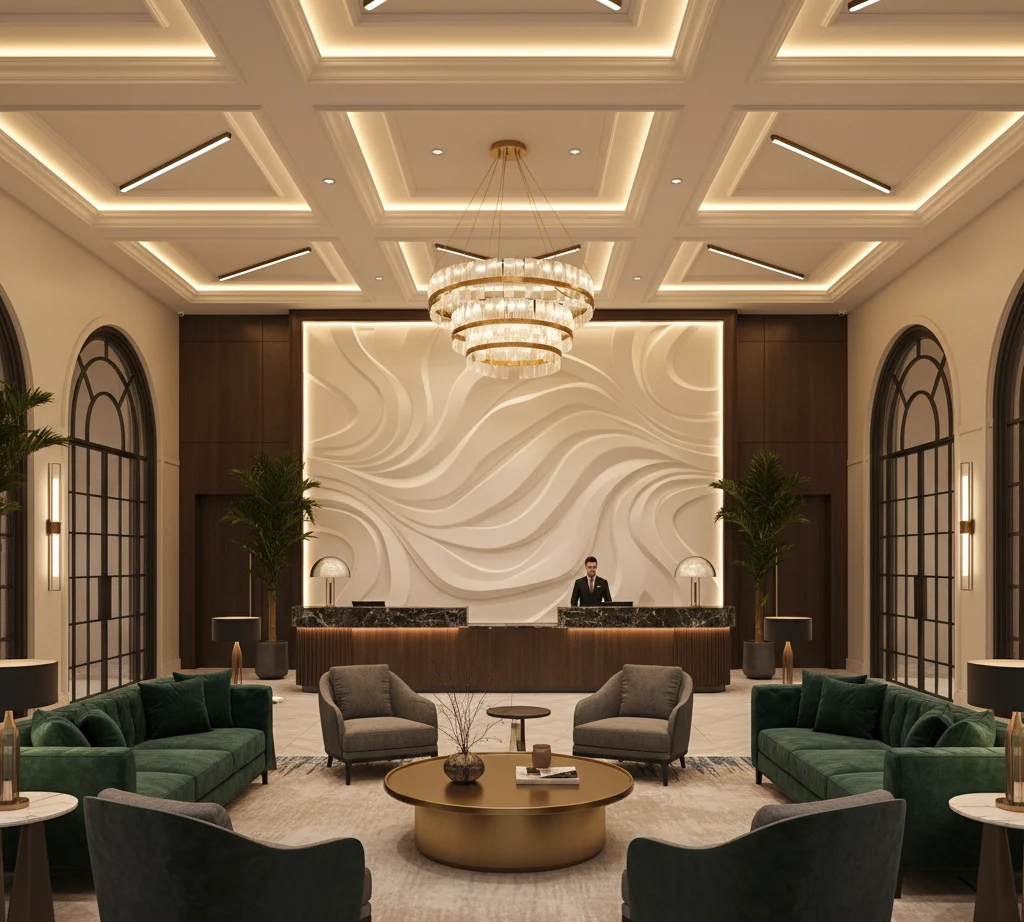 Lobby d'hôtel avec plafond à caissons lumineux et mur en relief ondulé