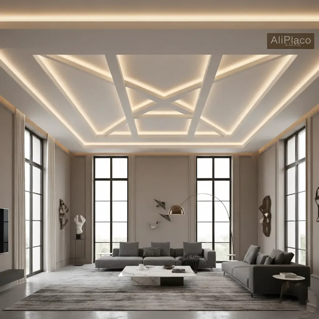 Plafond contemporain à géométrie lumineuse